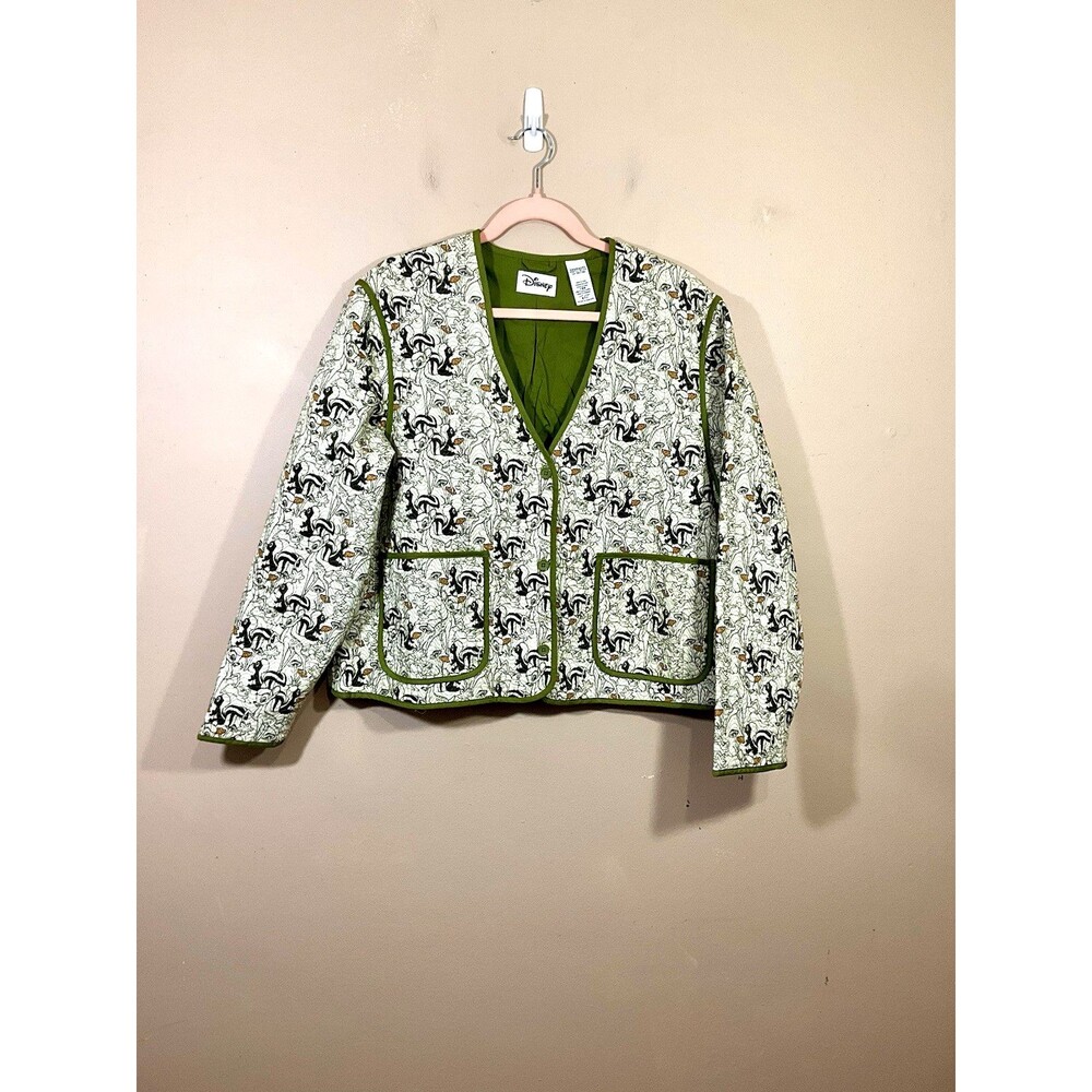 Disney Womens Floral Bambi Quilted Jacket XL Green White Thumper Cottage Boxy